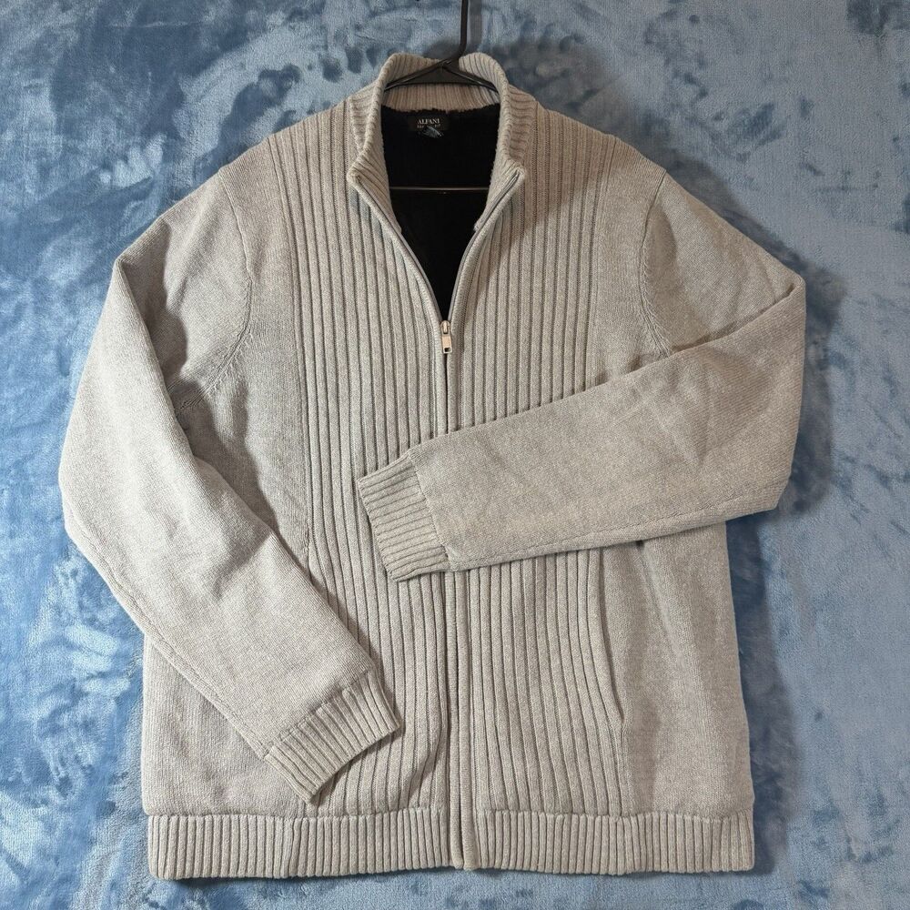 Alfani Men XL Gray Faux Fur Lined Full Zip Ribbed Cardigan Sweater Jacket FA16